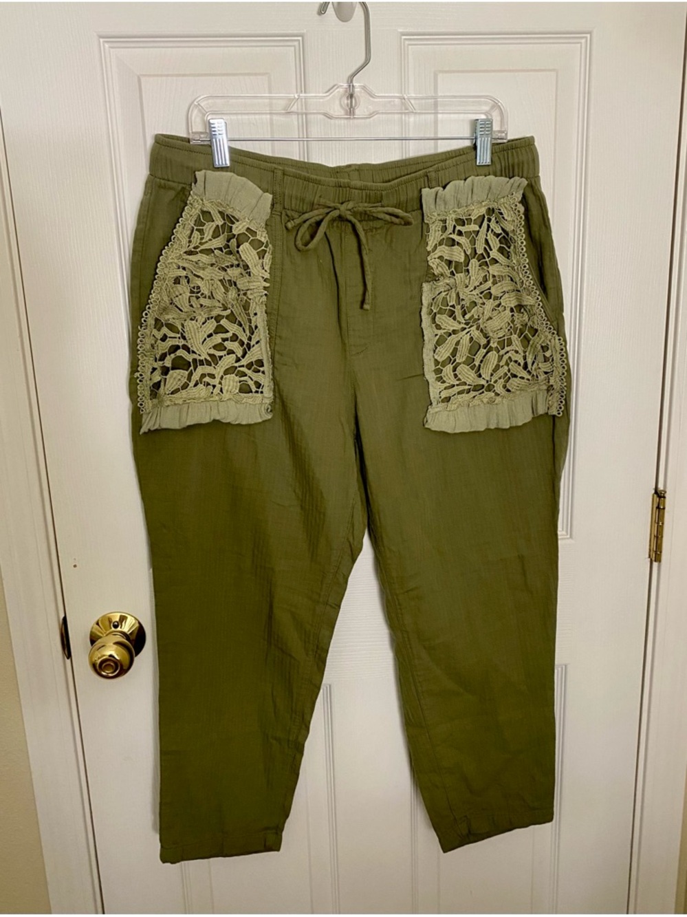 Old Navy Upcycled Olive Hand Sewn Crochet Pocket Drawstring Pants.